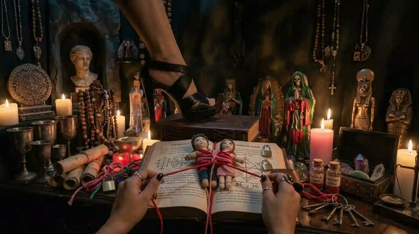 Ritual de amarres de amor con lazo rojo y muñecos de atadura en altar esotérico en Pereira