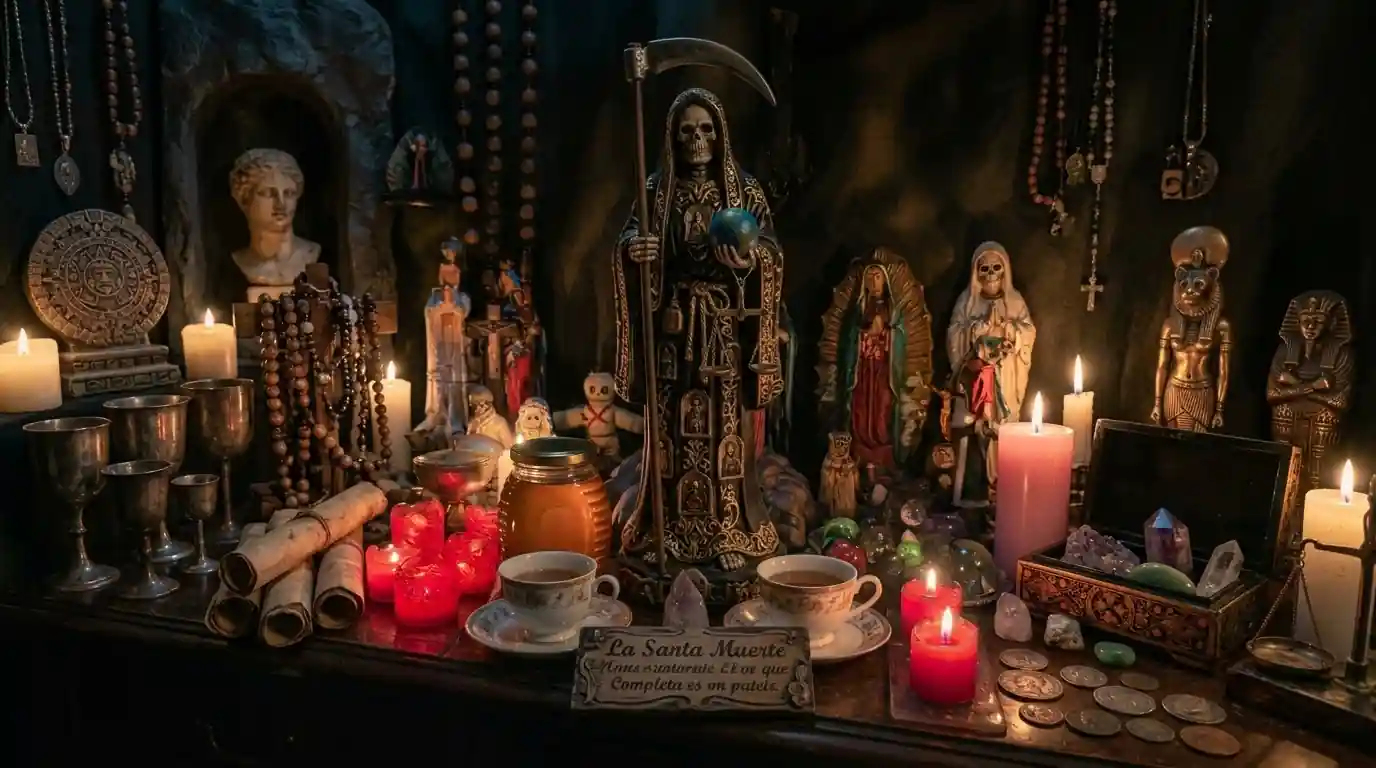 Altar esotérico con estatua de la Santa Muerte, frasco de miel, velas rojas y tazas de té para endulzamientos en Pereira