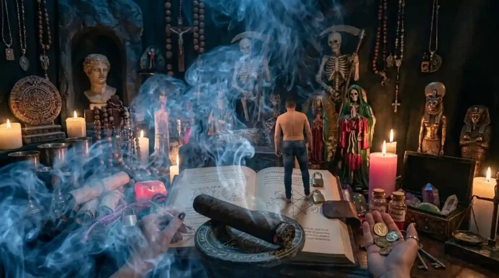 Altar esotérico con lectura de tabaco, humo sagrado, libro de rituales y figura de persona para limpias en Pereira