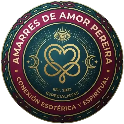 Logo circular esotérico de Amarres de Amor Pereira con símbolo del infinito en corazón y mística mística