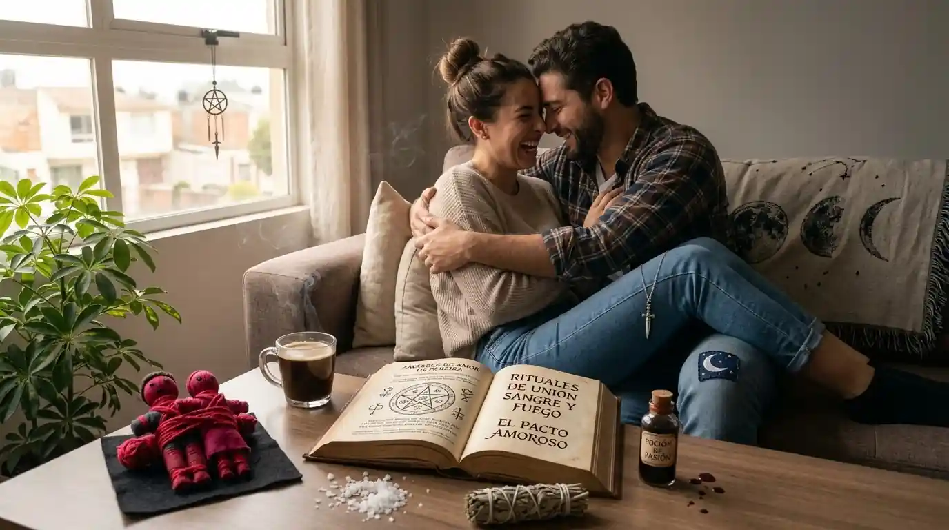 Pareja sonriente abrazada en sala con libro de rituales, poción y elementos de magia blanca en Pereira